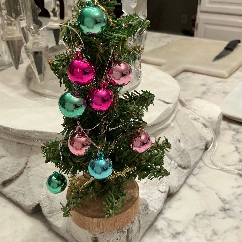 Miniature Holiday Tree with Pink and Green Ornaments